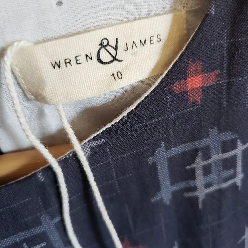 Wren & James Ruffle Bib Long Sleeve Cotton Shift Dress Navy Blue Sz Kids 10 NEW